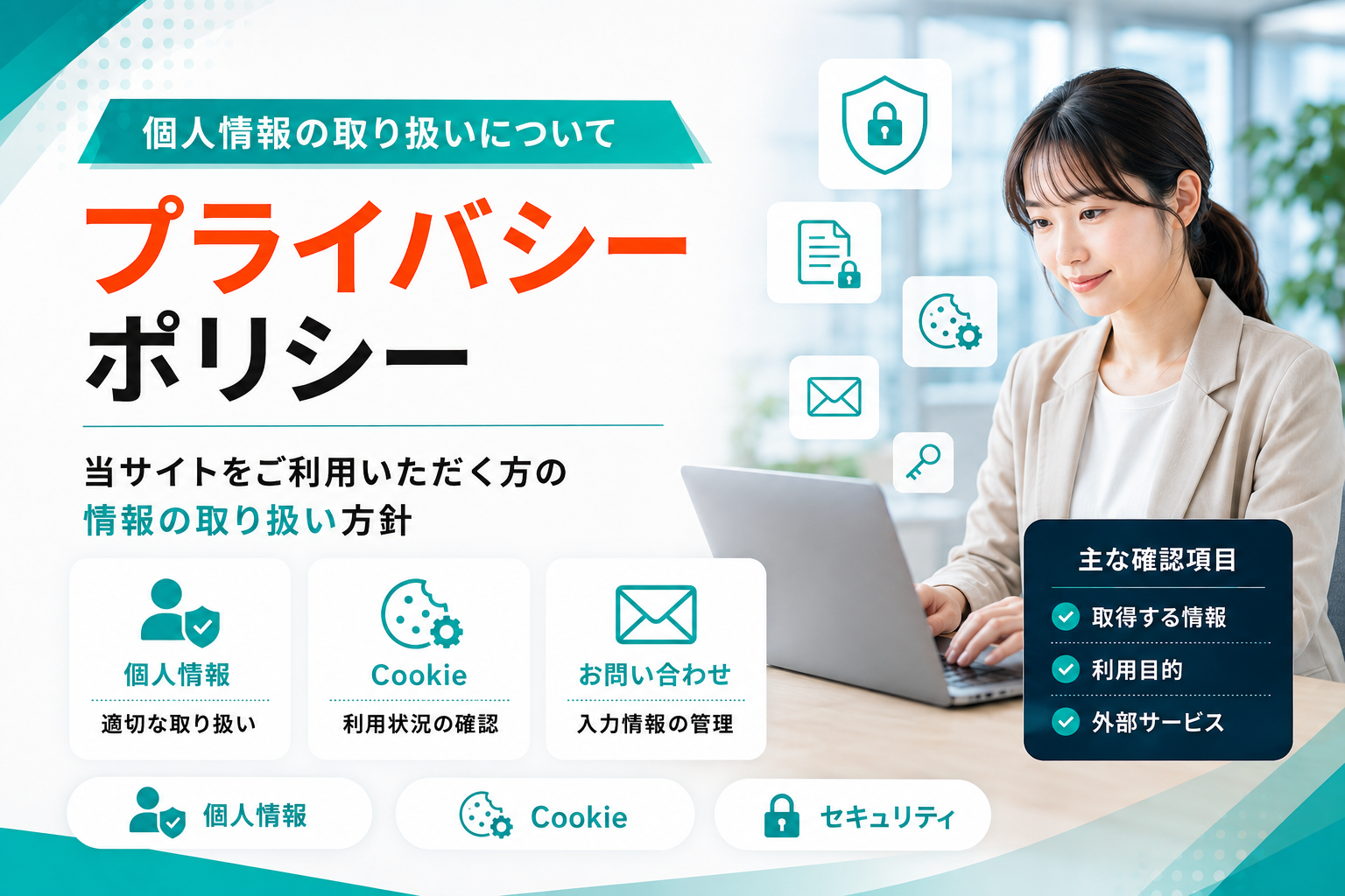 個人情報やCookieの取り扱いとセキュリティ方針を表したプライバシーポリシーのイメージ